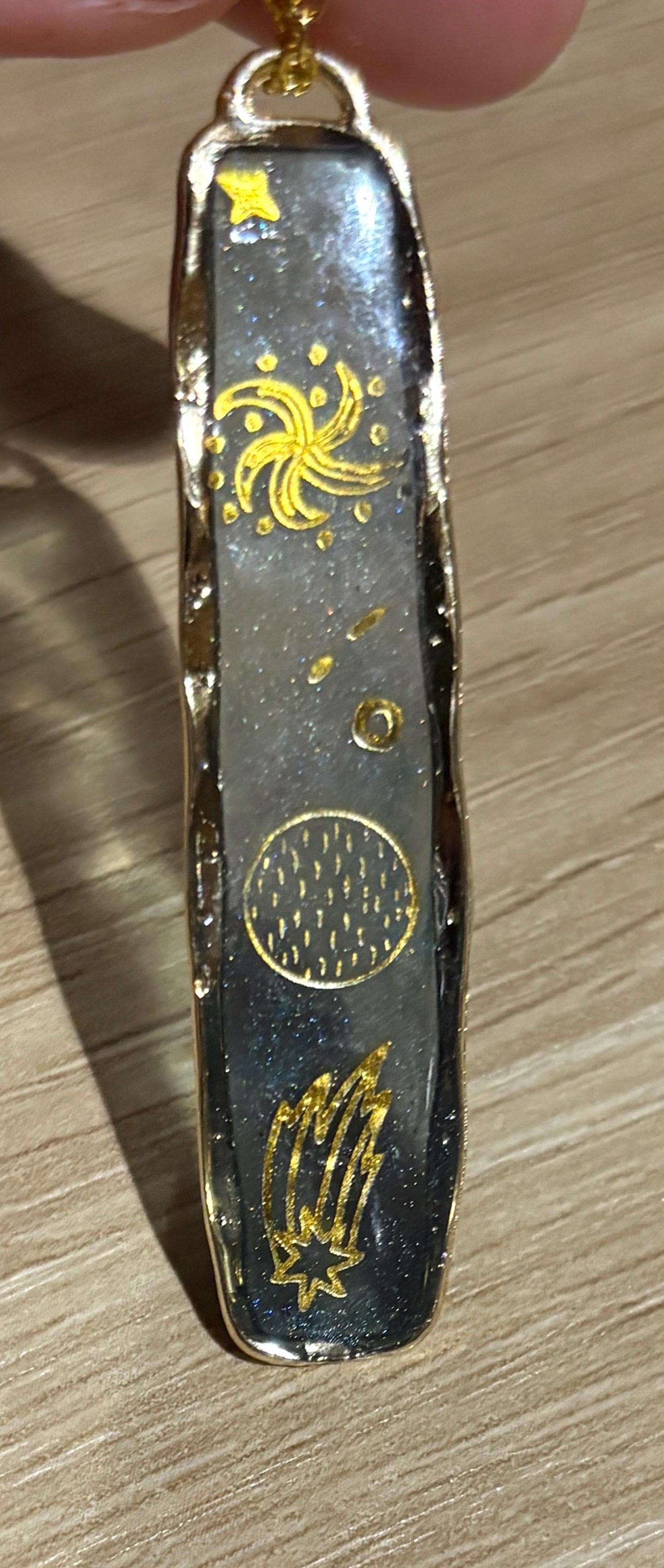Gold Celestial Rectangle Necklace: Blue Resin Galaxy Outer space Pendant Jewelry Necklaces Consecrated Jewelry Co.