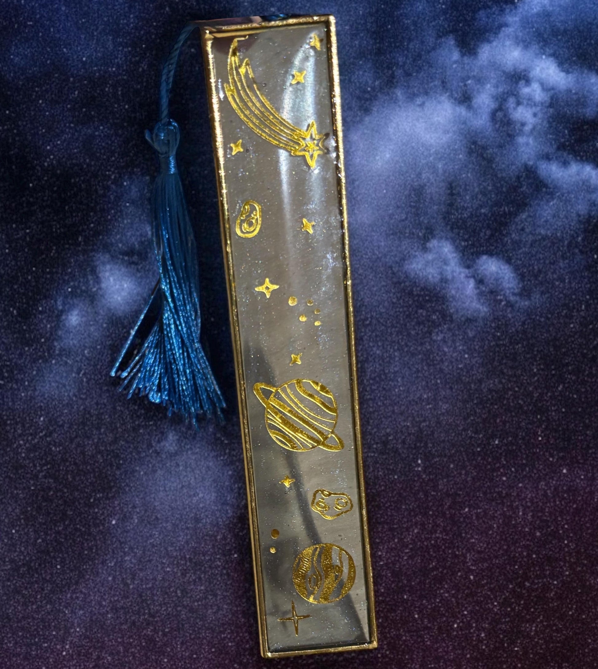 Celestial Resin Bookmark: Gold Star, Planet and Outer Space Galaxy Design Hard Bookmark Bookmarks Consecrated Jewelry Co.
