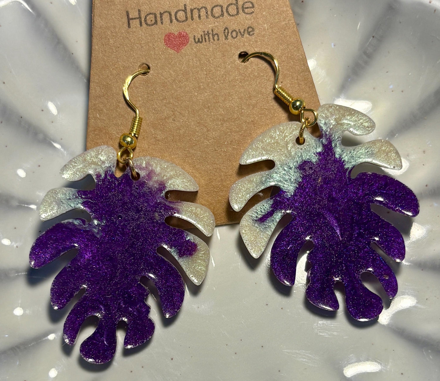 Purple and white Resin Monstera Leaf Palm Tree Earrings: Tropical Boho Dangle Jewelry Earrings Consecrated Jewelry Co.