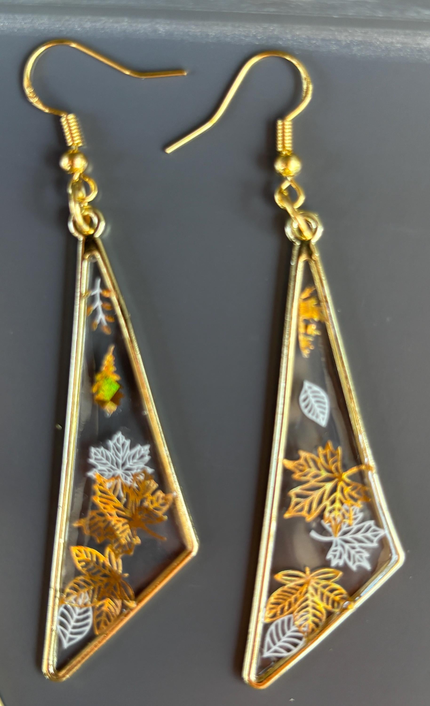 Gold Triangle Dangle Earrings: Handmade Resin Autumn Botanical Cottagecore Jewelry Earrings Consecrated Jewelry Co.
