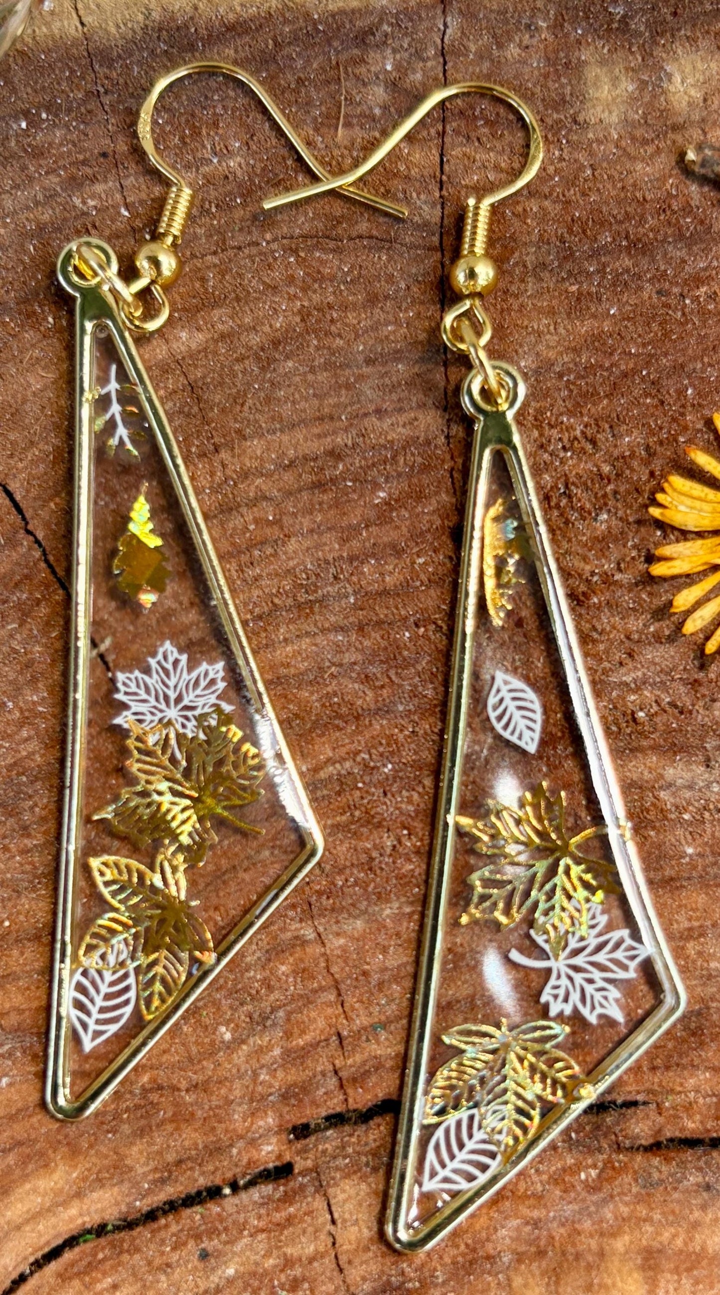 Gold Triangle Dangle Earrings: Handmade Resin Autumn Botanical Cottagecore Jewelry Earrings Consecrated Jewelry Co.