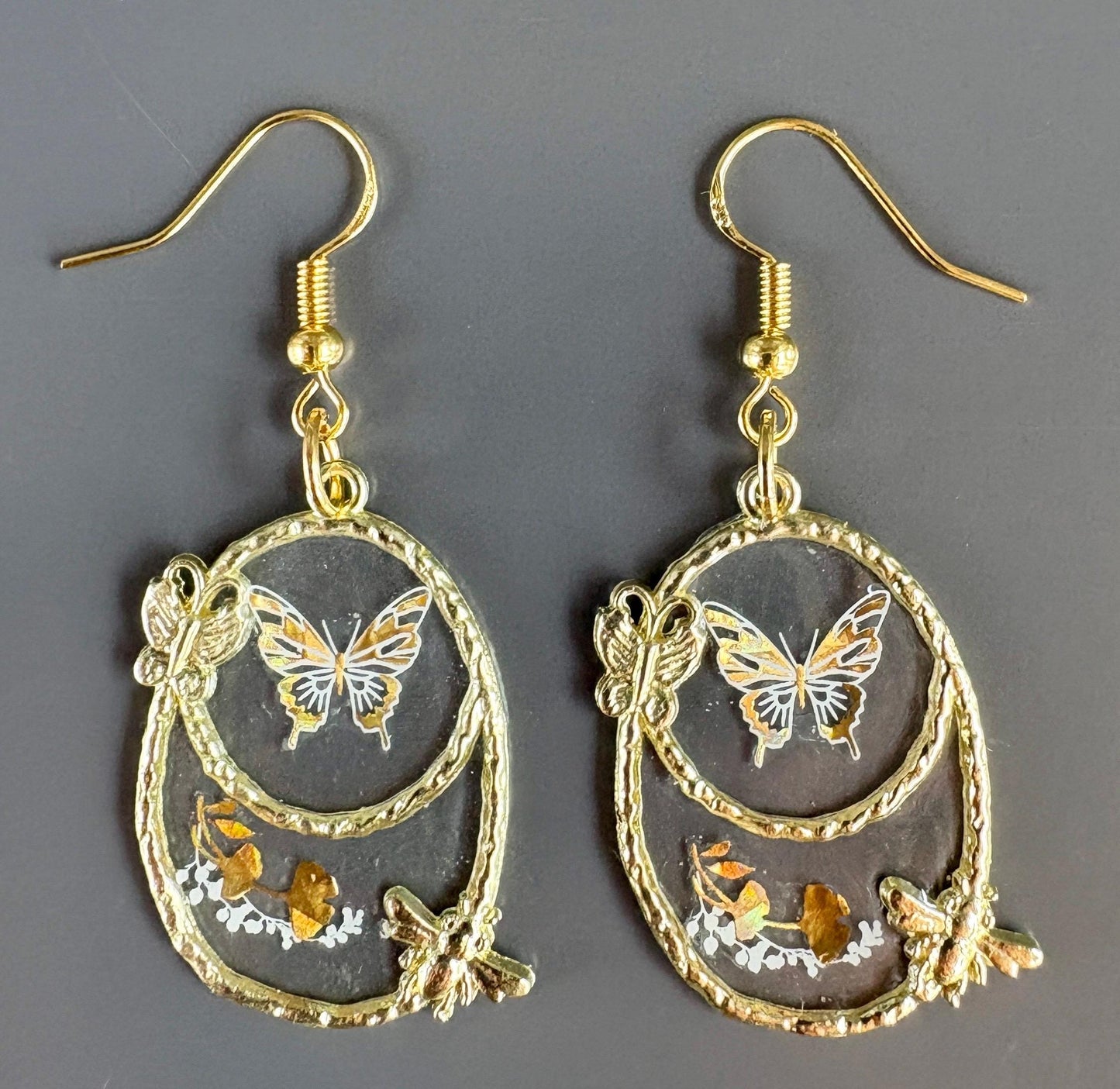 Gold and White Butterfly and Firefly Resin Dangle Earrings: Whimsical Fairycore Jewelry Earrings Consecrated Jewelry Co.
