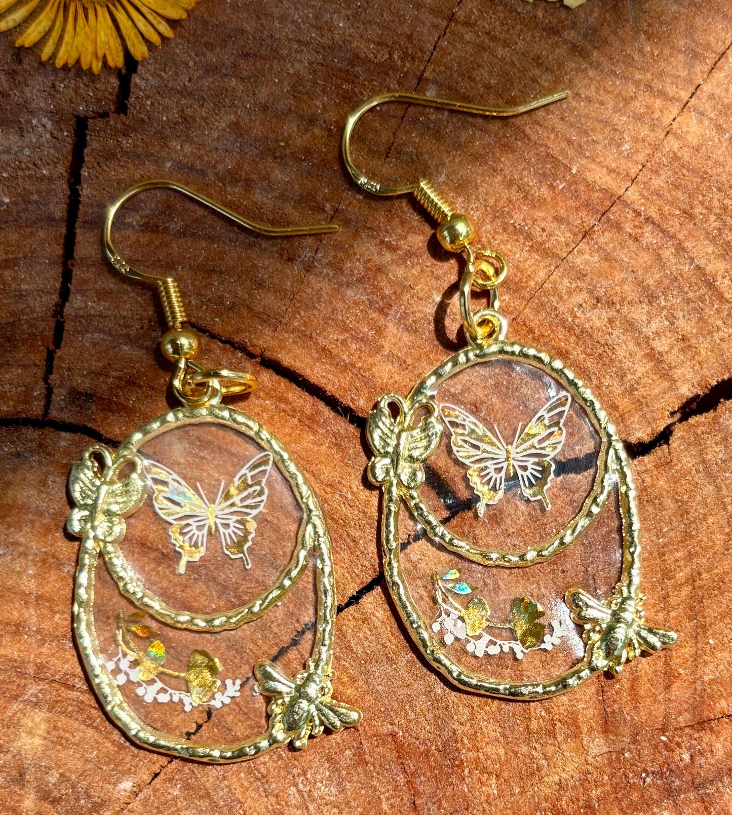Gold and White Butterfly and Firefly Resin Dangle Earrings: Whimsical Fairycore Jewelry Earrings Consecrated Jewelry Co.