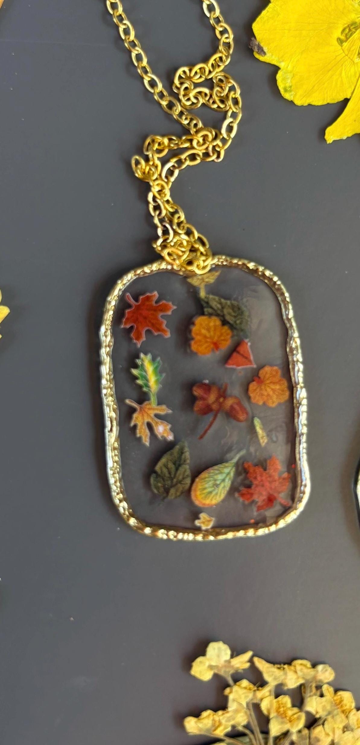 Real Pressed Fall Leaf Resin Necklace - Gold Autumn Bright Colorful Botanical Pendant Jewelry Necklaces Consecrated Jewelry Co.