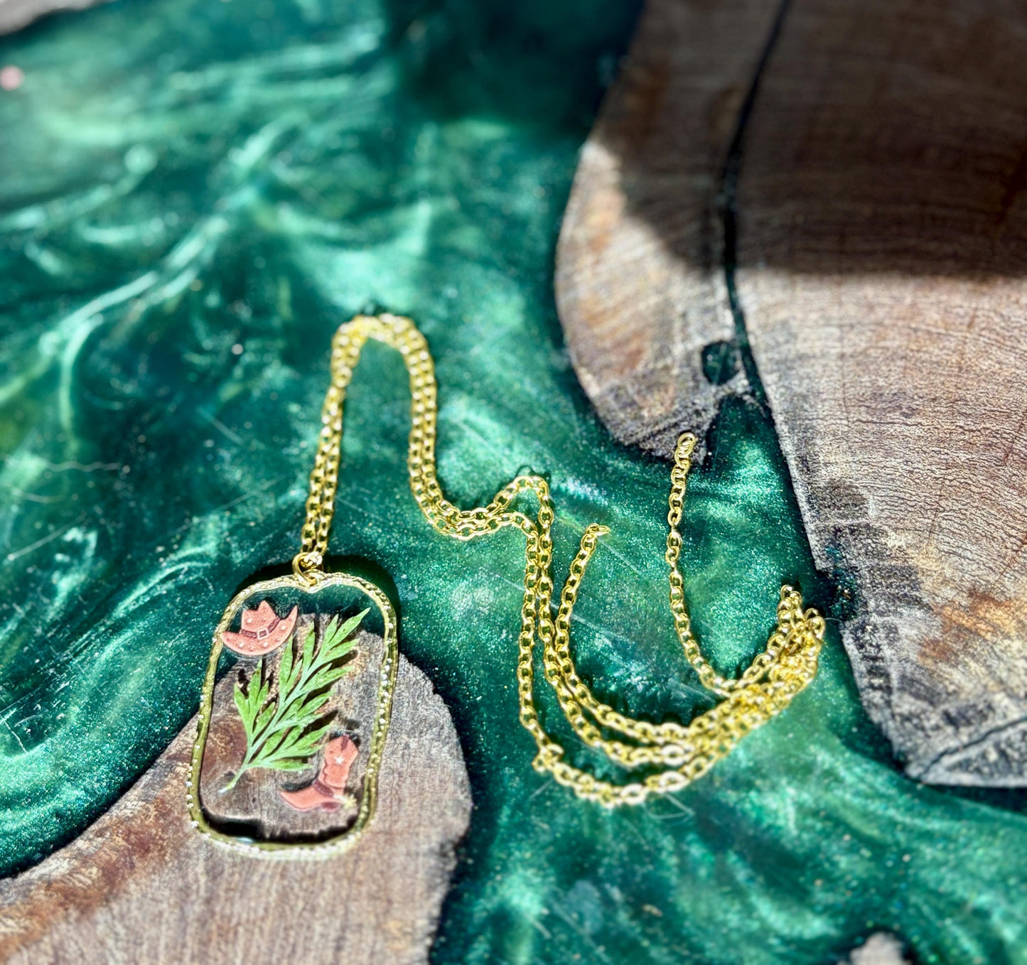 Resin Western Pendant Necklace: Cowboy Hat, Boot and Green Leaf - Gold Cowgirl Jewelry Necklaces Consecrated Jewelry Co.