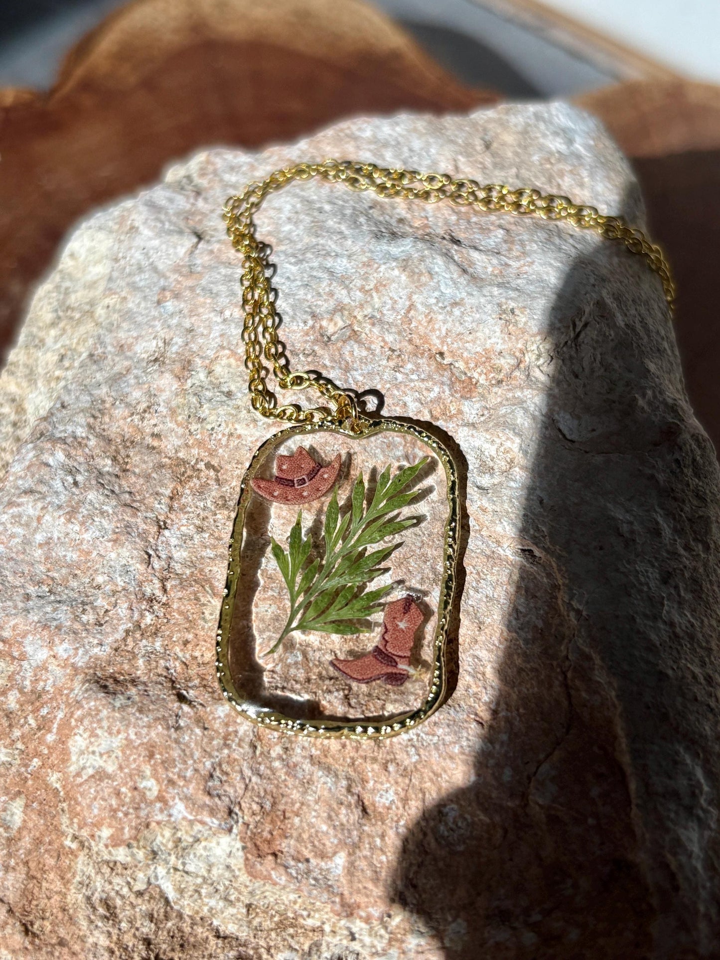 Resin Western Pendant Necklace: Cowboy Hat, Boot and Green Leaf - Gold Cowgirl Jewelry Necklaces Consecrated Jewelry Co.