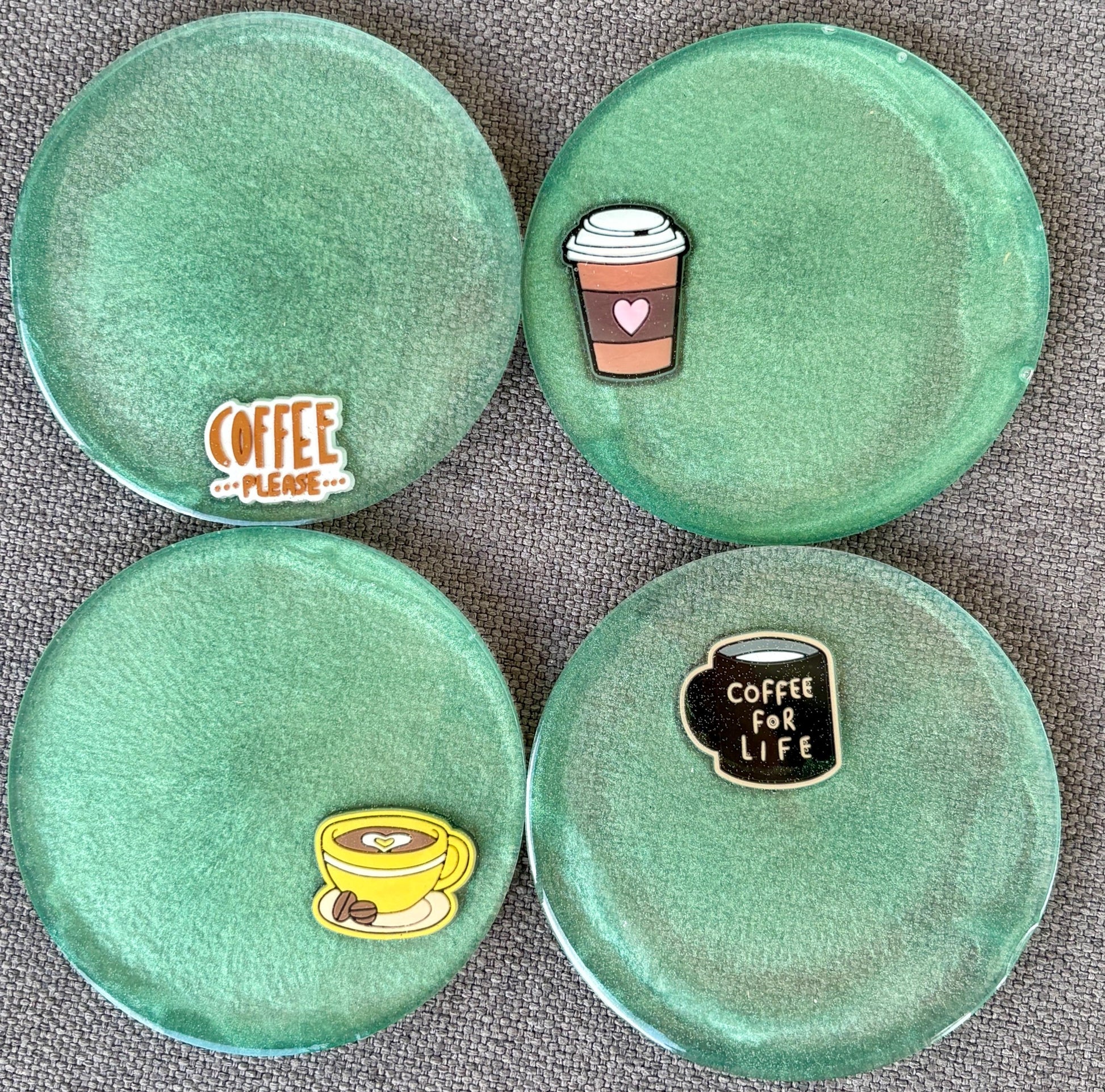Handmade Coffee themed Resin Coasters: Sea Green and Cafe Latte Art, Set of 4 Coasters Consecrated Jewelry Co.