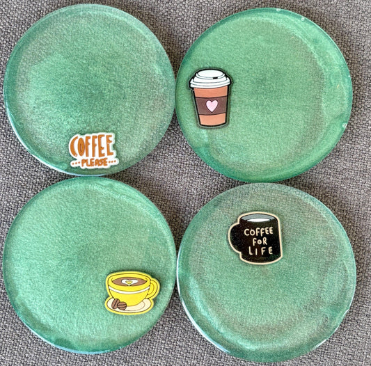 Handmade Coffee themed Resin Coasters: Sea Green and Cafe Latte Art, Set of 4 Coasters Consecrated Jewelry Co.