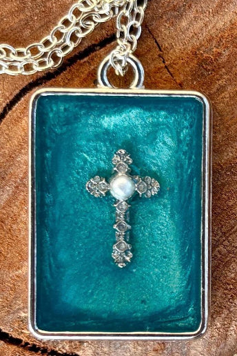 Turquoise and Navy Blue Resin Gemstone and White Pearl Cross Necklace: Silver-Plated Christian Jewelry Necklaces Consecrated Jewelry Co.