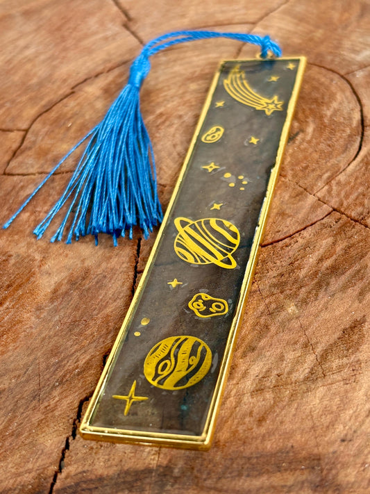 Celestial Resin Bookmark: Gold Star, Planet and Outer Space Galaxy Design Hard Bookmark Bookmarks Consecrated Jewelry Co.