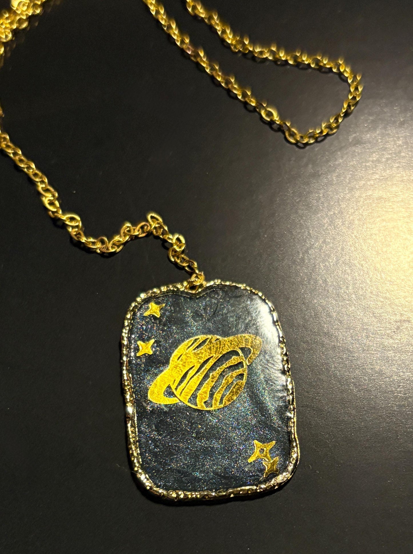 Gold Planet Saturn Pendant Necklace: Blue Resin Celestial Space and Galaxy Jewelry Necklaces Consecrated Jewelry Co.