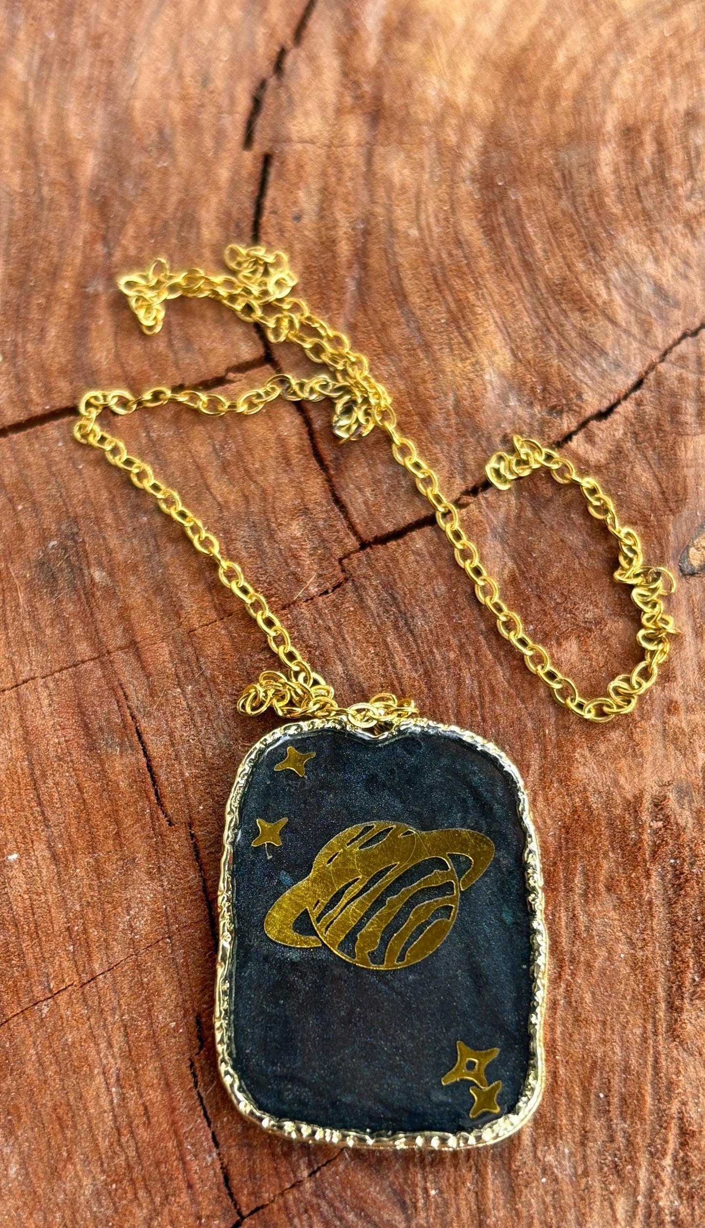 Gold Planet Saturn Pendant Necklace: Blue Resin Celestial Space and Galaxy Jewelry Necklaces Consecrated Jewelry Co.