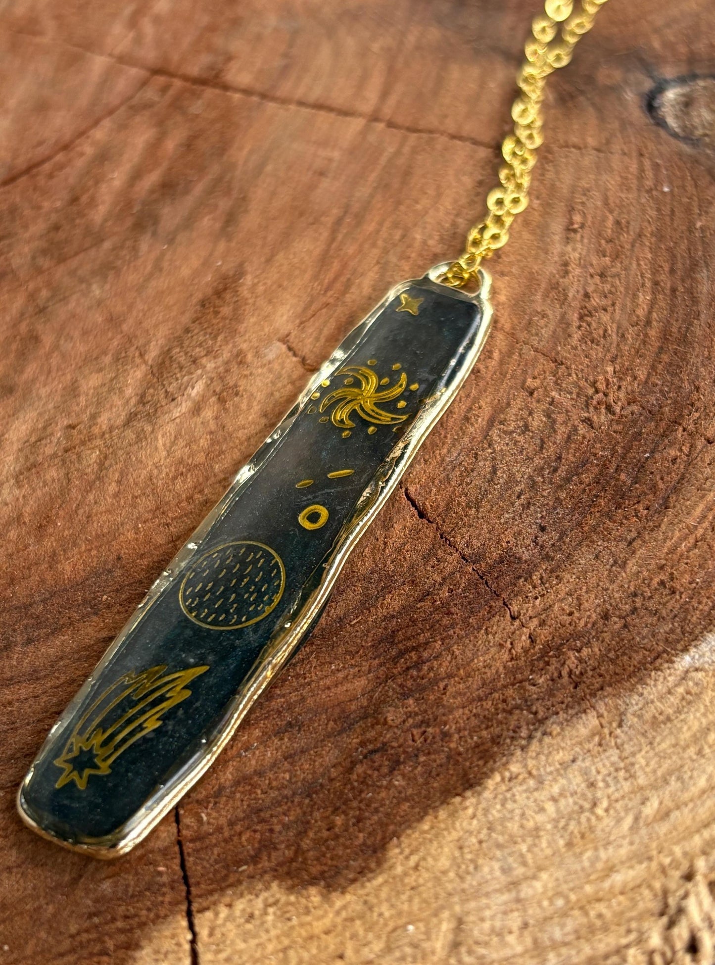 Gold Celestial Rectangle Necklace: Blue Resin Galaxy Outer space Pendant Jewelry Necklaces Consecrated Jewelry Co.