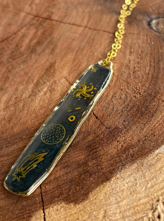 Gold Celestial Rectangle Necklace: Blue Resin Galaxy Outer space Pendant Jewelry Necklaces Consecrated Jewelry Co.