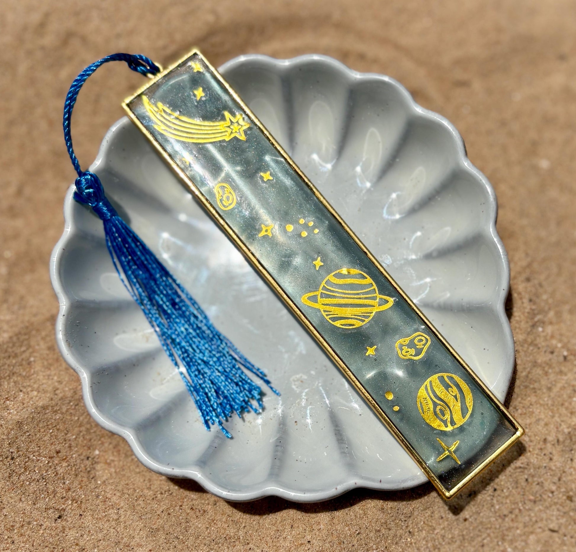 Celestial Resin Bookmark: Gold Star, Planet and Outer Space Galaxy Design Hard Bookmark Bookmarks Consecrated Jewelry Co.