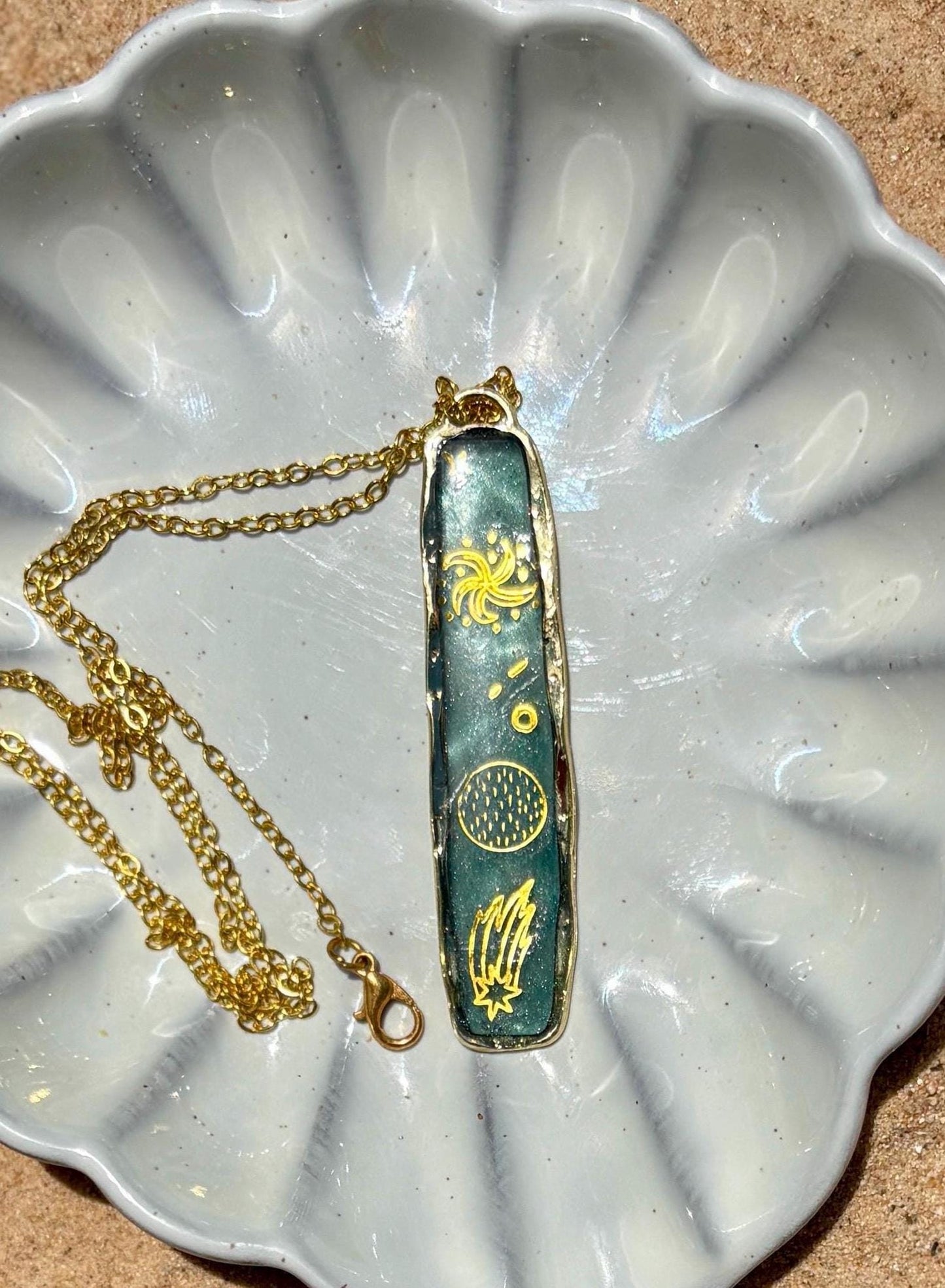 Gold Celestial Rectangle Necklace: Blue Resin Galaxy Outer space Pendant Jewelry Necklaces Consecrated Jewelry Co.