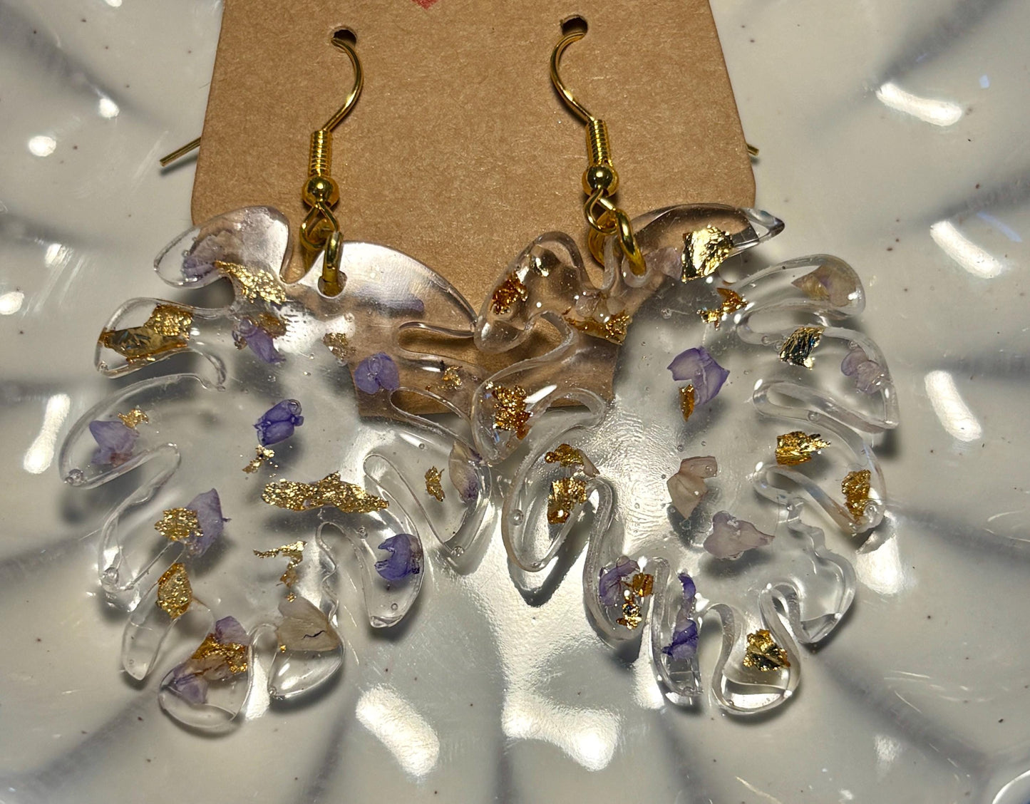 Monstera Leaf Dangle Earrings | Purple Clear Resin Gold Flakes Earrings Consecrated Jewelry Co.