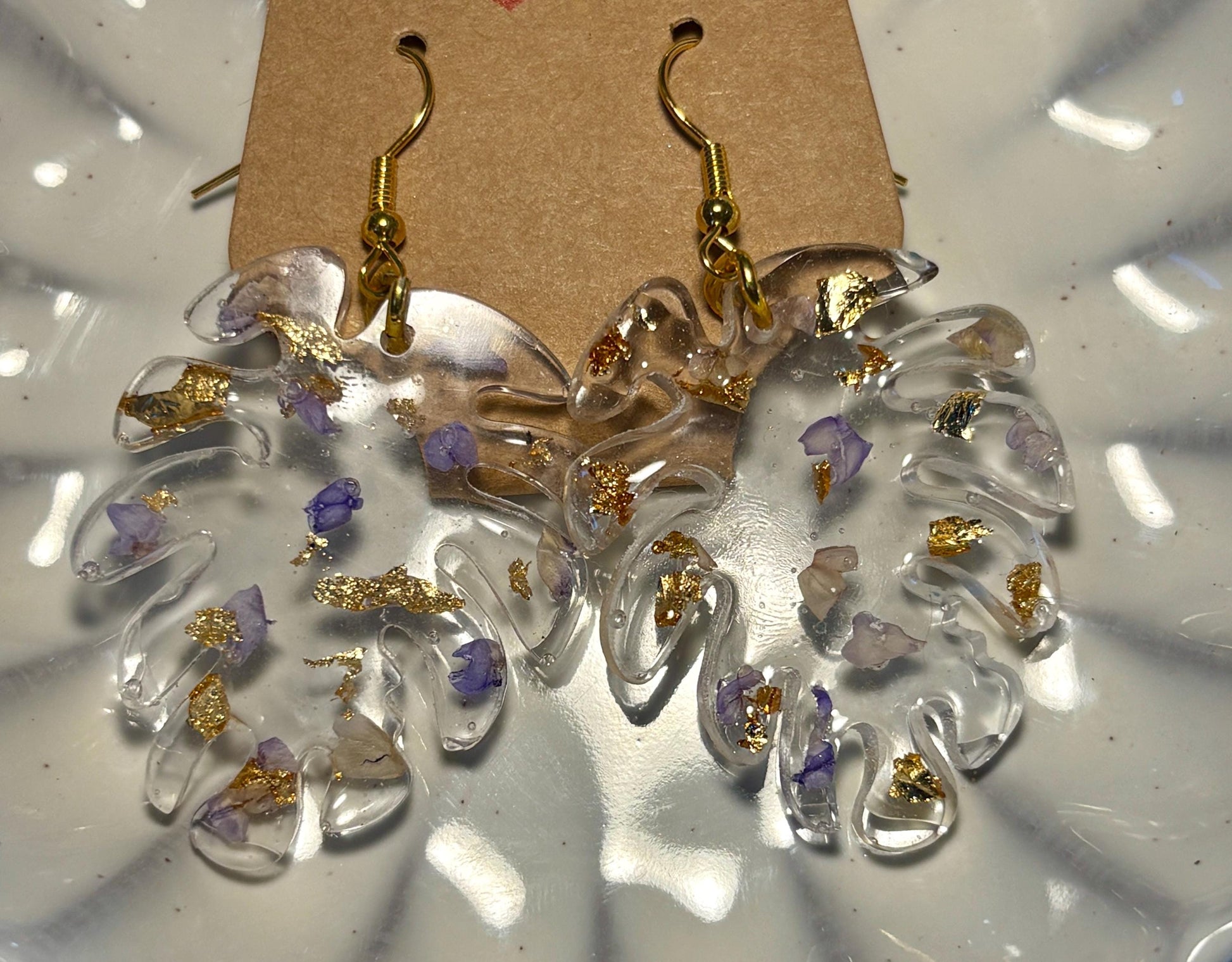 Monstera Leaf Dangle Earrings | Purple Clear Resin Gold Flakes Earrings Consecrated Jewelry Co.