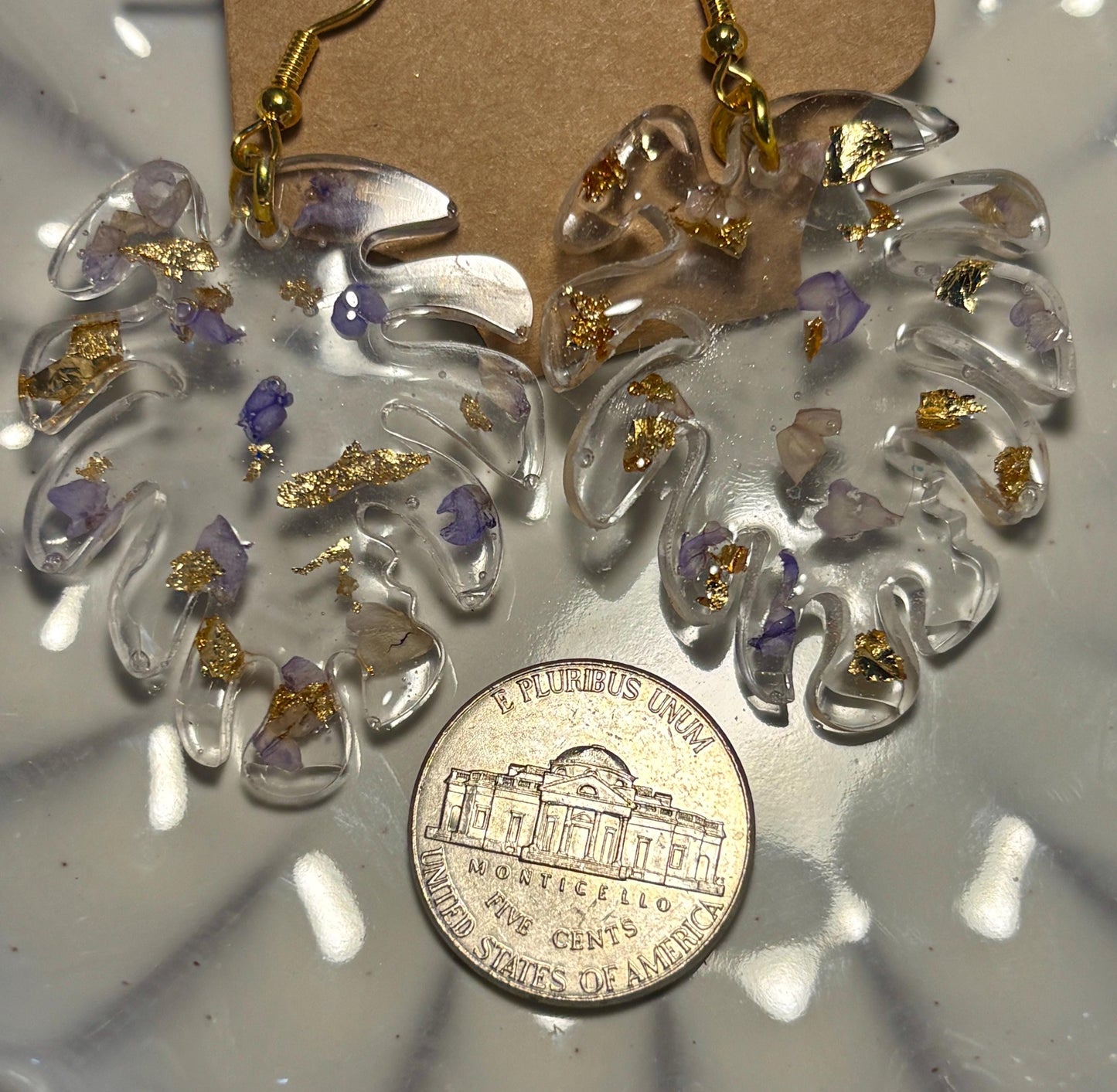 Monstera Leaf Dangle Earrings | Purple Clear Resin Gold Flakes Earrings Consecrated Jewelry Co.