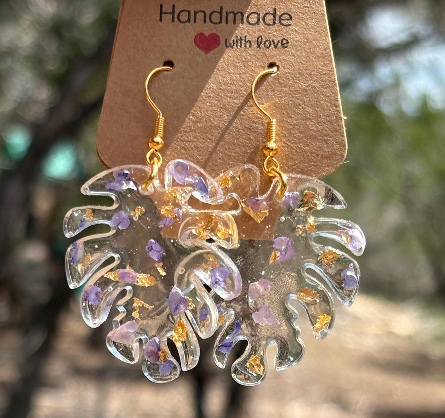 Monstera Leaf Dangle Earrings | Purple Clear Resin Gold Flakes Earrings Consecrated Jewelry Co.