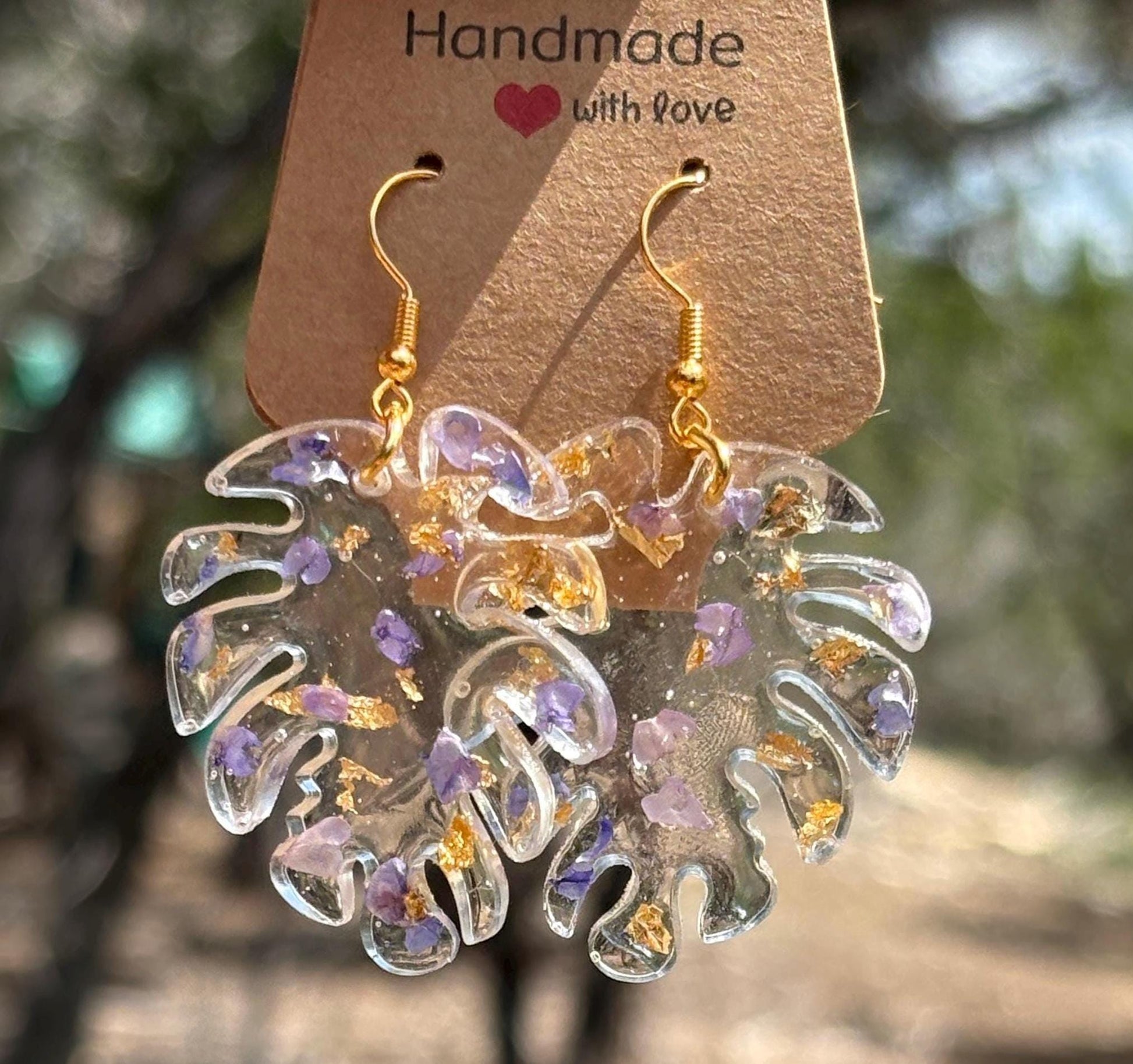 Monstera Leaf Dangle Earrings | Purple Clear Resin Gold Flakes Earrings Consecrated Jewelry Co.