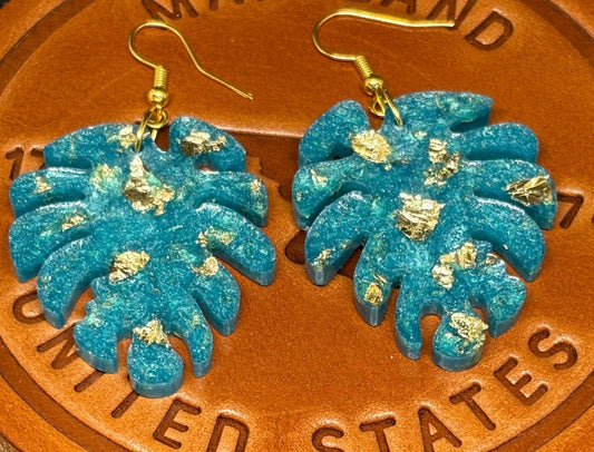 Monstera Leaf Resin Earrings: Teal Green with Gold Flakes Bold Dangle Earrings Earrings Consecrated Jewelry Co.