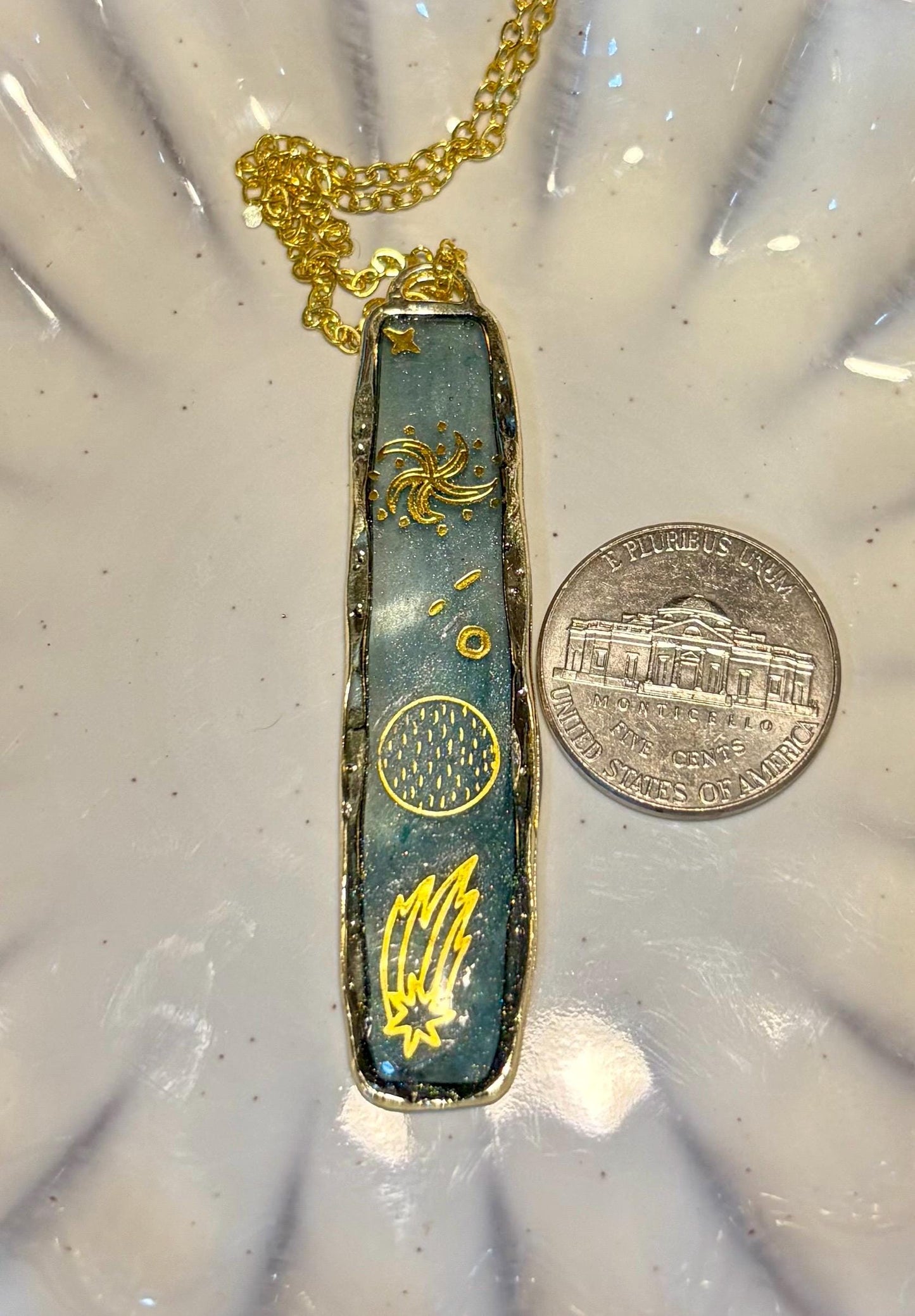 Gold Celestial Rectangle Necklace: Blue Resin Galaxy Outer space Pendant Jewelry Necklaces Consecrated Jewelry Co.