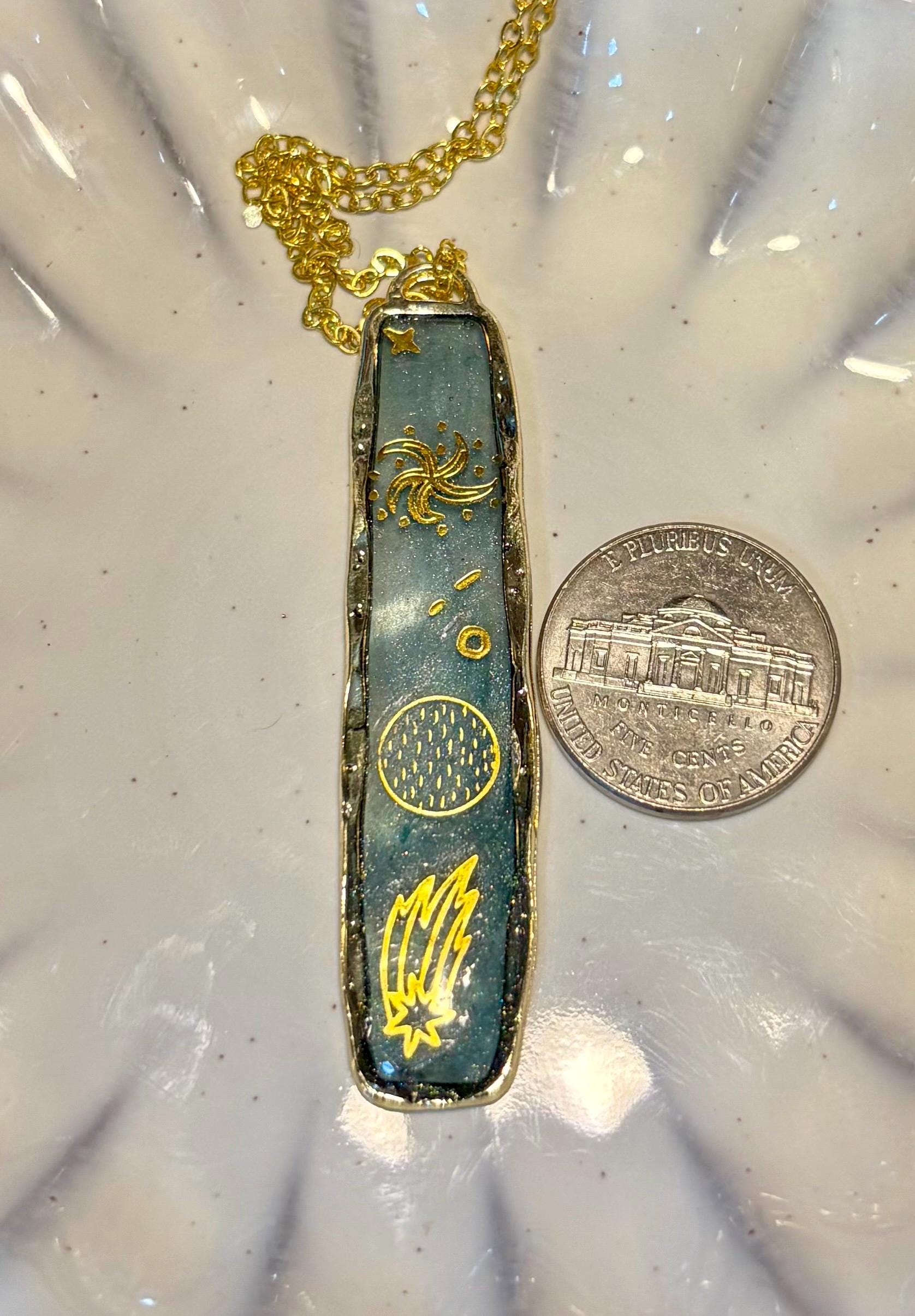 Gold Celestial Rectangle Necklace: Blue Resin Galaxy Outer space Pendant Jewelry Necklaces Consecrated Jewelry Co.