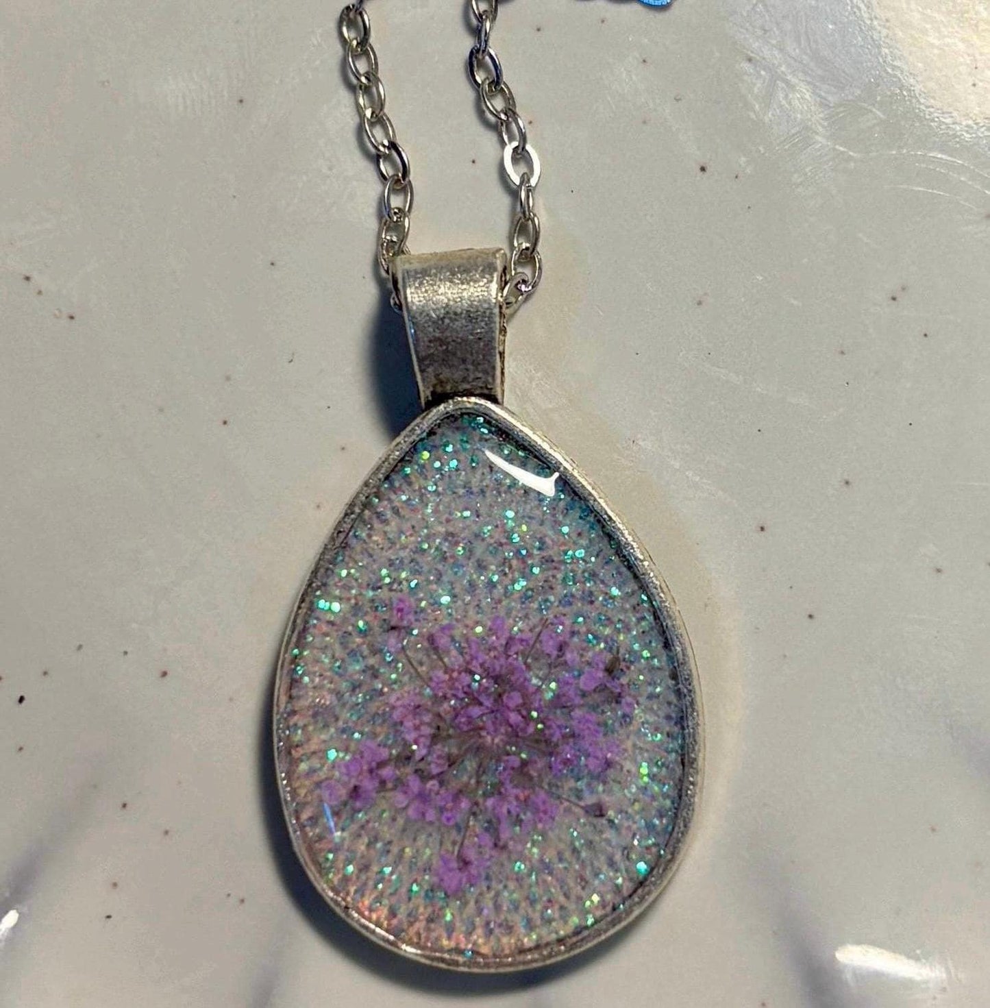 Pressed purple Wildflower white Resin Necklace: Pewter Teardrop Silver Minimalist Pendant Necklaces Consecrated Jewelry Co.