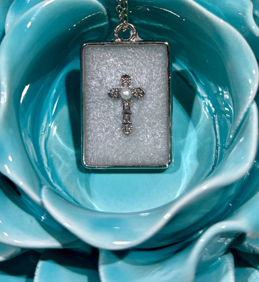 Iridescent Resin Cross Necklace: Sterling Silver, Pearl Gemstone - Handmade Christian Faith Jewelry Necklaces Consecrated Jewelry Co.