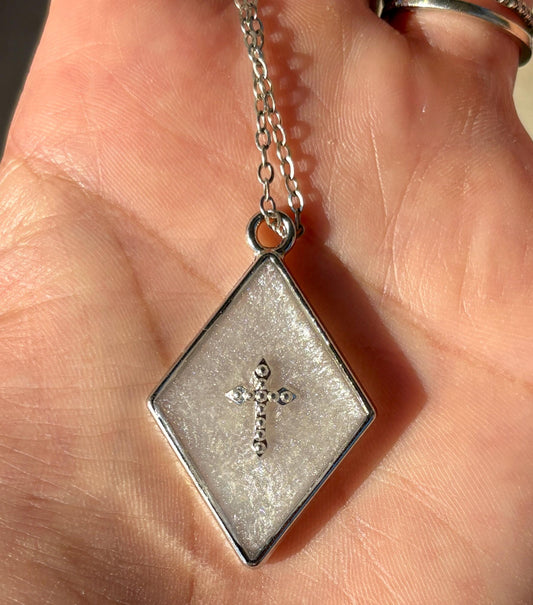 Silver Cross Necklace: White Resin Diamond Pendant, Christian Jesus Faith Jewelry Necklaces Consecrated Jewelry Co.