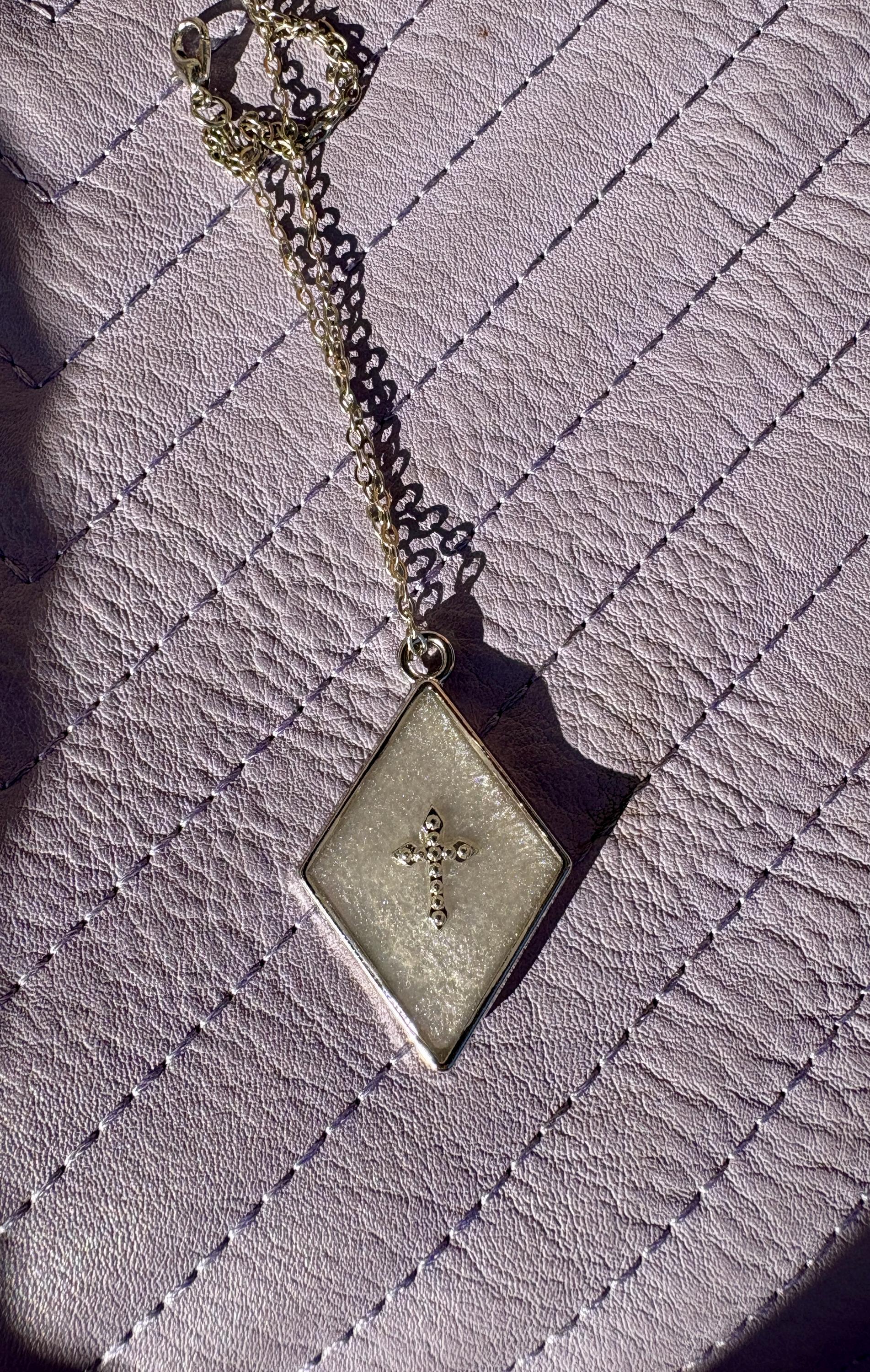 Silver Cross Necklace: White Resin Diamond Pendant, Christian Jesus Faith Jewelry Necklaces Consecrated Jewelry Co.