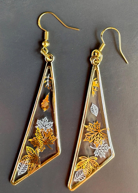 Gold Triangle Dangle Earrings: Handmade Resin Autumn Botanical Cottagecore Jewelry Earrings Consecrated Jewelry Co.