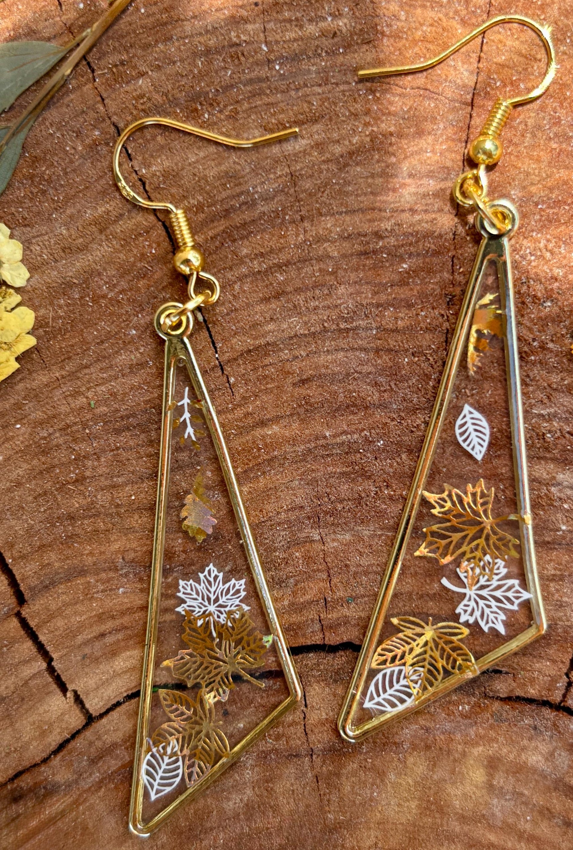 Gold Triangle Dangle Earrings: Handmade Resin Autumn Botanical Cottagecore Jewelry Earrings Consecrated Jewelry Co.