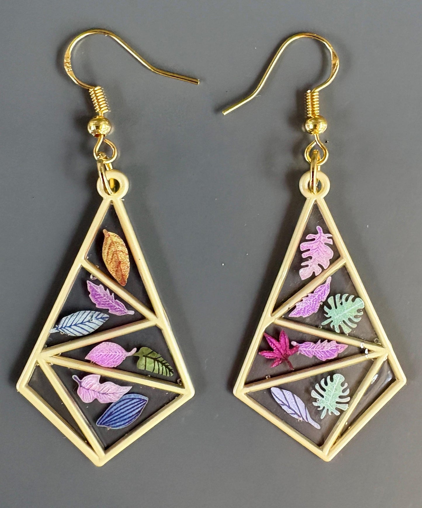 Gold Triangle Resin Earrings: Real Fall Leaves, Colorful Botanical Jewelry for Autumn Earrings Consecrated Jewelry Co.
