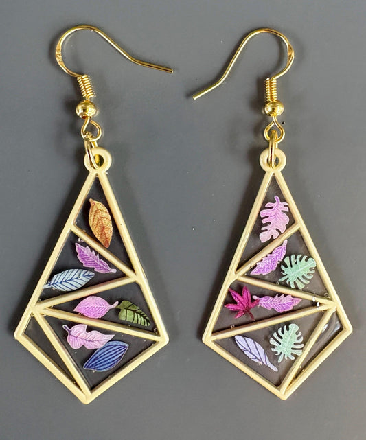 Gold Triangle Resin Earrings: Real Fall Leaves, Colorful Botanical Jewelry for Autumn Earrings Consecrated Jewelry Co.
