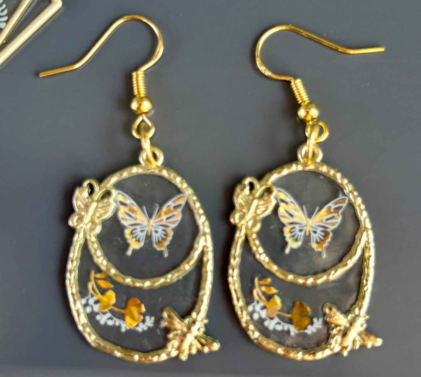 Gold and White Butterfly and Firefly Resin Dangle Earrings: Whimsical Fairycore Jewelry Earrings Consecrated Jewelry Co.