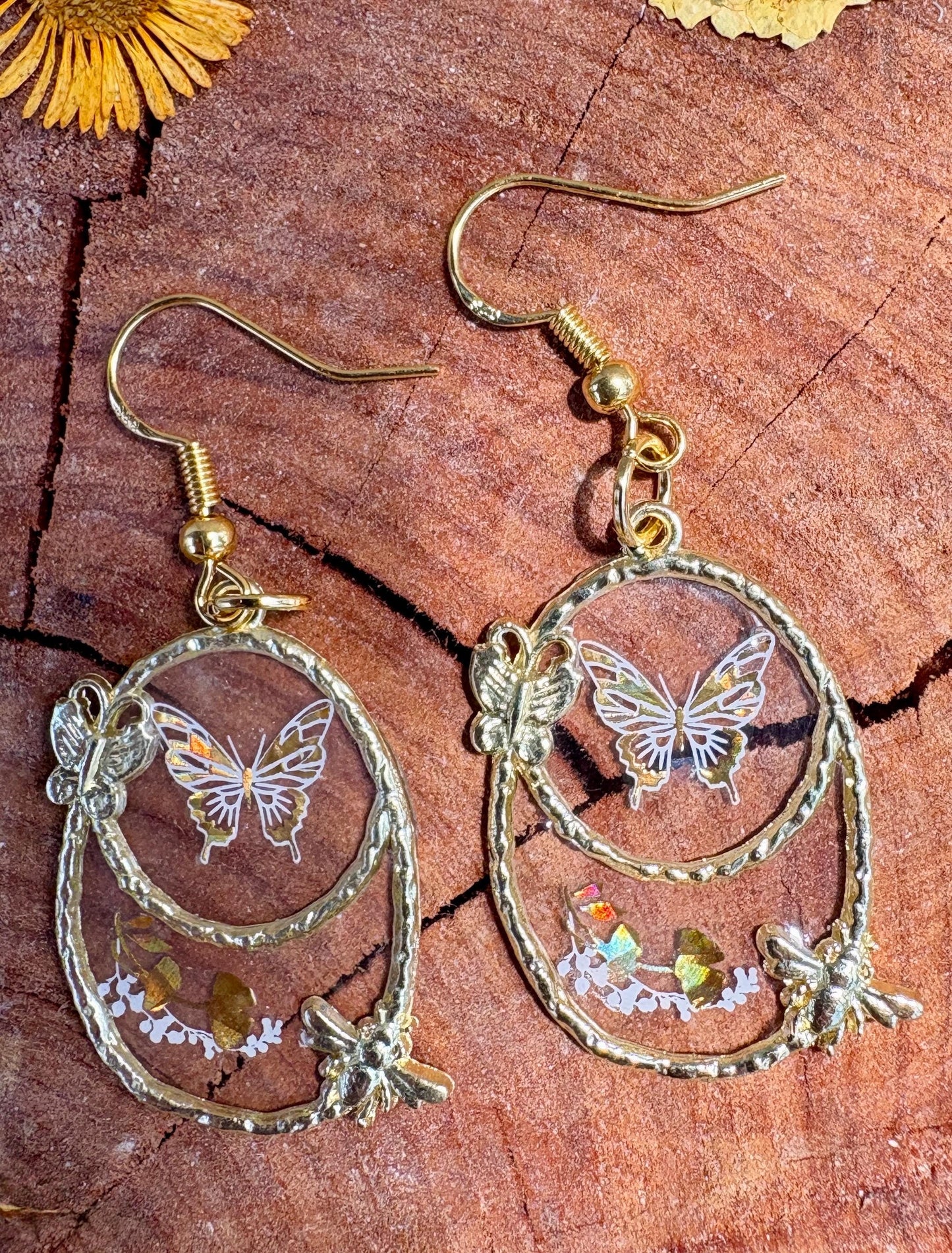 Gold and White Butterfly and Firefly Resin Dangle Earrings: Whimsical Fairycore Jewelry Earrings Consecrated Jewelry Co.