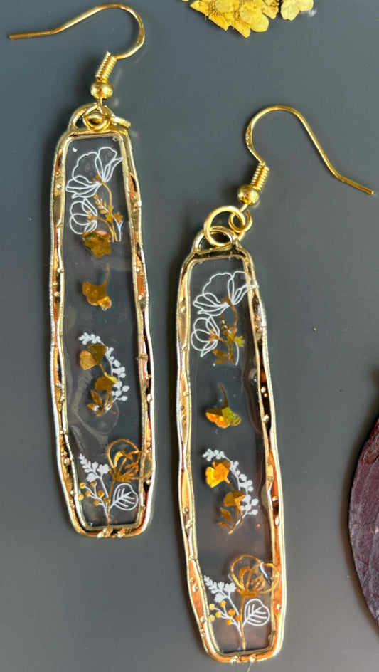 Gold and White Botanical Resin Dangle Earrings: Handmade Pressed Flower Jewelry Earrings Consecrated Jewelry Co.