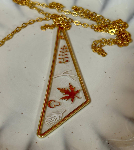 Asymmetrical Triangle Resin Pendant Necklace: Gold Forest Leaf Charm cottagecore fairy core jewelry Necklaces Consecrated Jewelry Co.