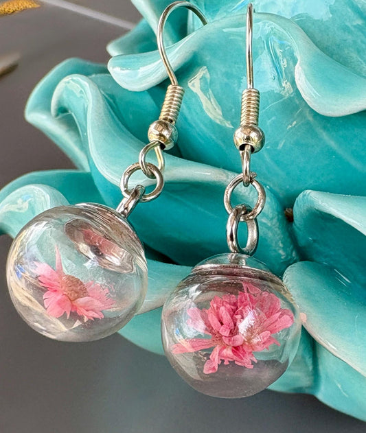 Real Dried Pink Wildflower Earrings: Glass Globe Terrarium, Silver Dangle earrings Earrings Consecrated Jewelry Co.