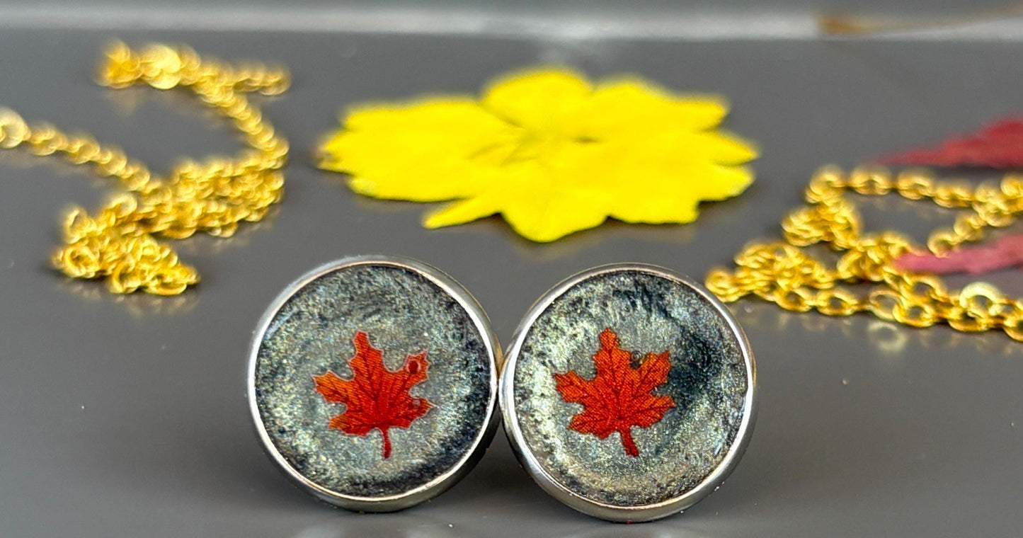 Colorful Fall Leaf Stud Earrings | Red & Blue Autumn Set Earrings Consecrated Jewelry Co.