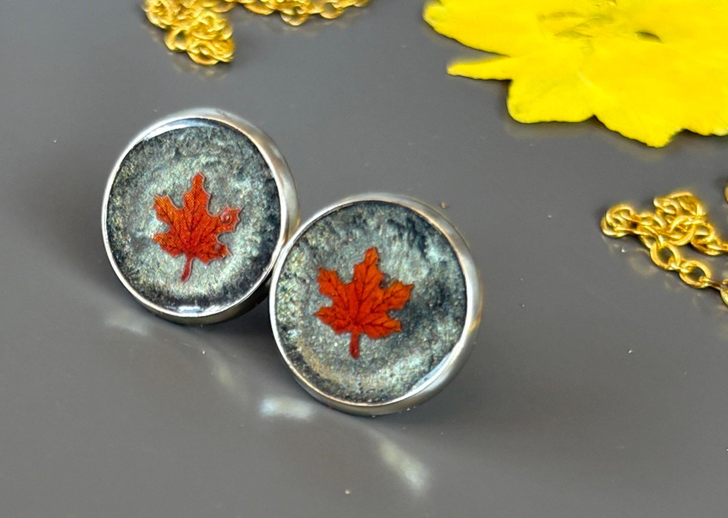 Colorful Fall Leaf Stud Earrings | Red & Blue Autumn Set Earrings Consecrated Jewelry Co.