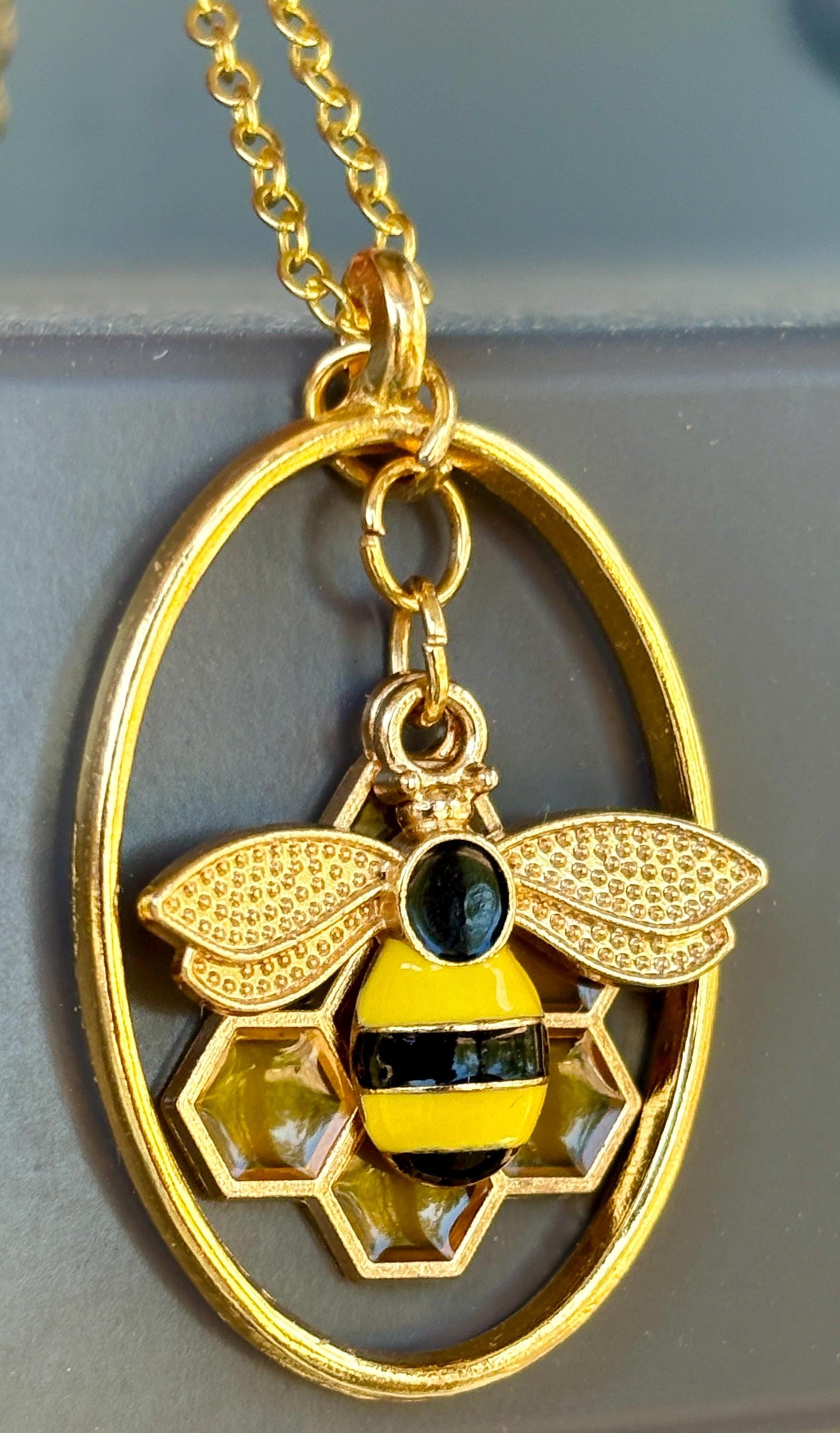 Gold Honeycomb Bee Necklace | Layered Oval Pendant Necklaces Consecrated Jewelry Co.