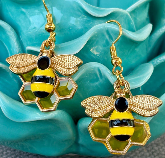 Gold Honeycomb Bee Dangle Earrings: Gold-Plated Fishhook, Nature Inspired jewelry Earrings Consecrated Jewelry Co.