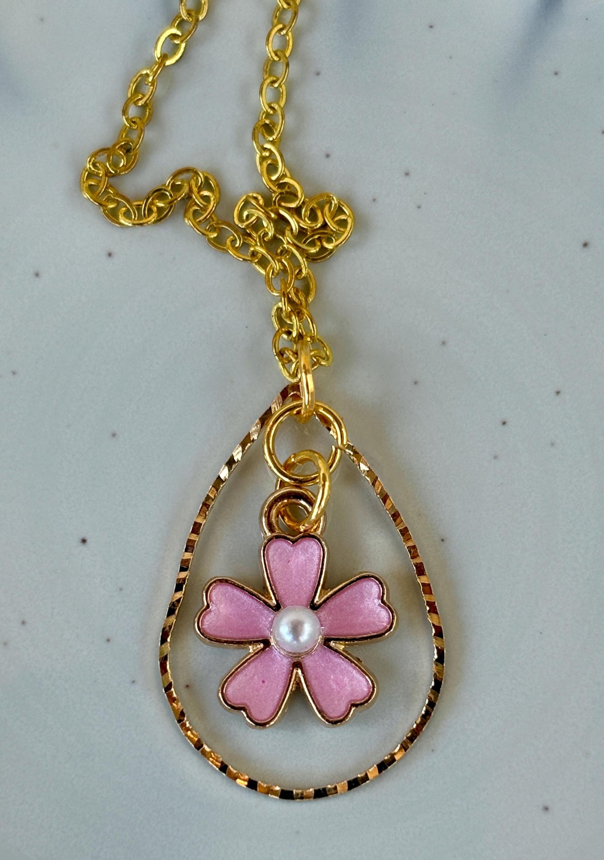 Gold Teardrop Necklace | Pink Flower Pearl Pendant Necklaces Consecrated Jewelry Co.