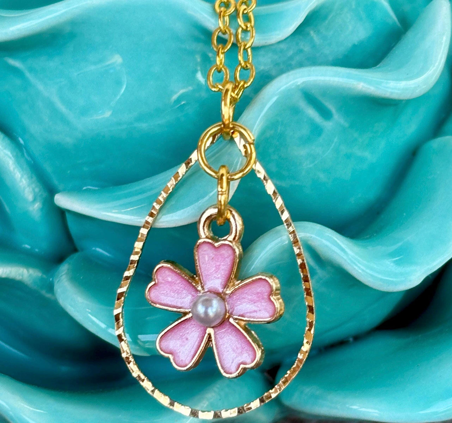 Gold Teardrop Necklace: Pink Flower Pearl Pendant jewelry Necklaces Consecrated Jewelry Co.