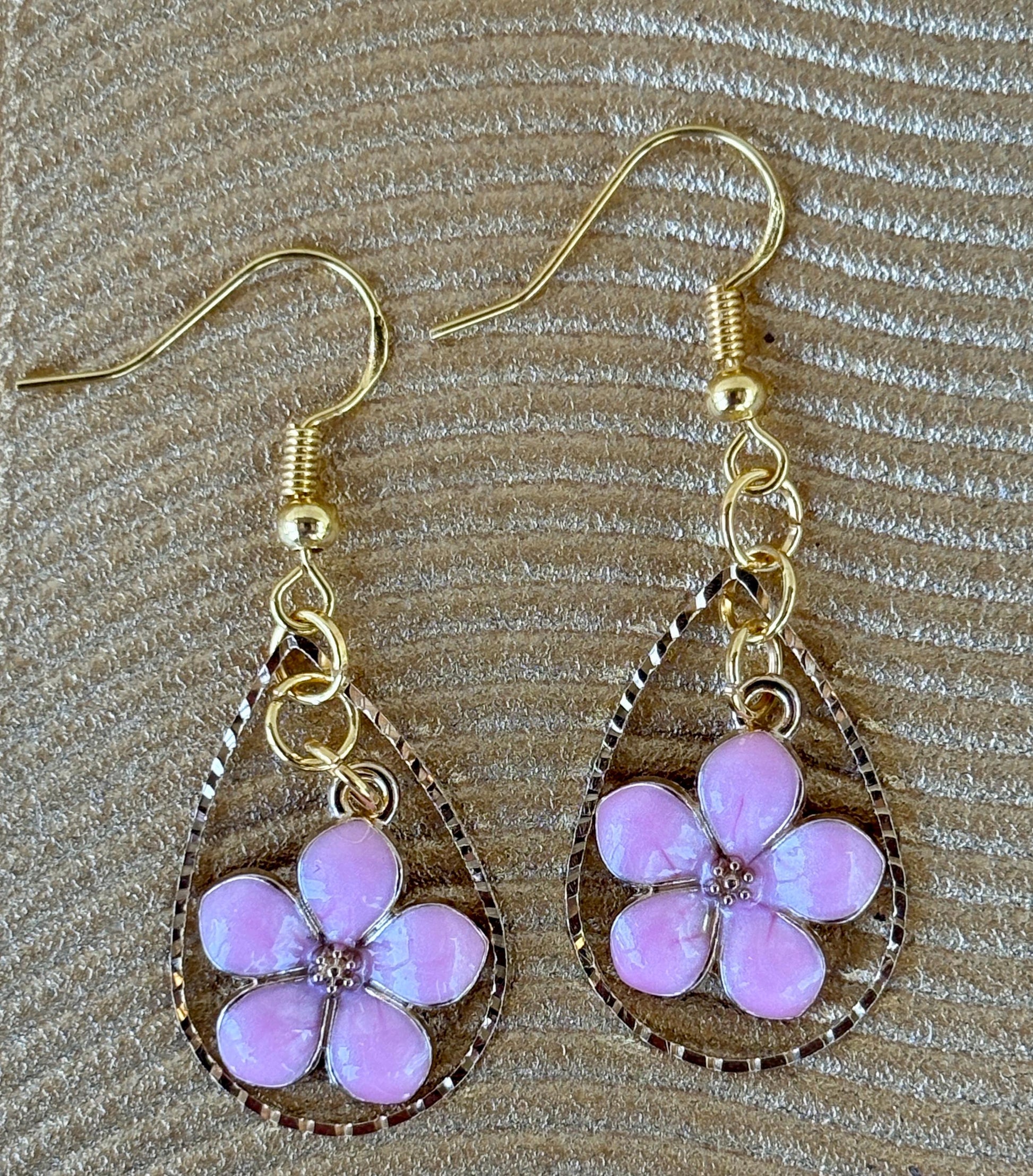 Gold Teardrop Earrings | Dainty Pink Flower Floral Dangle Earrings Consecrated Jewelry Co.