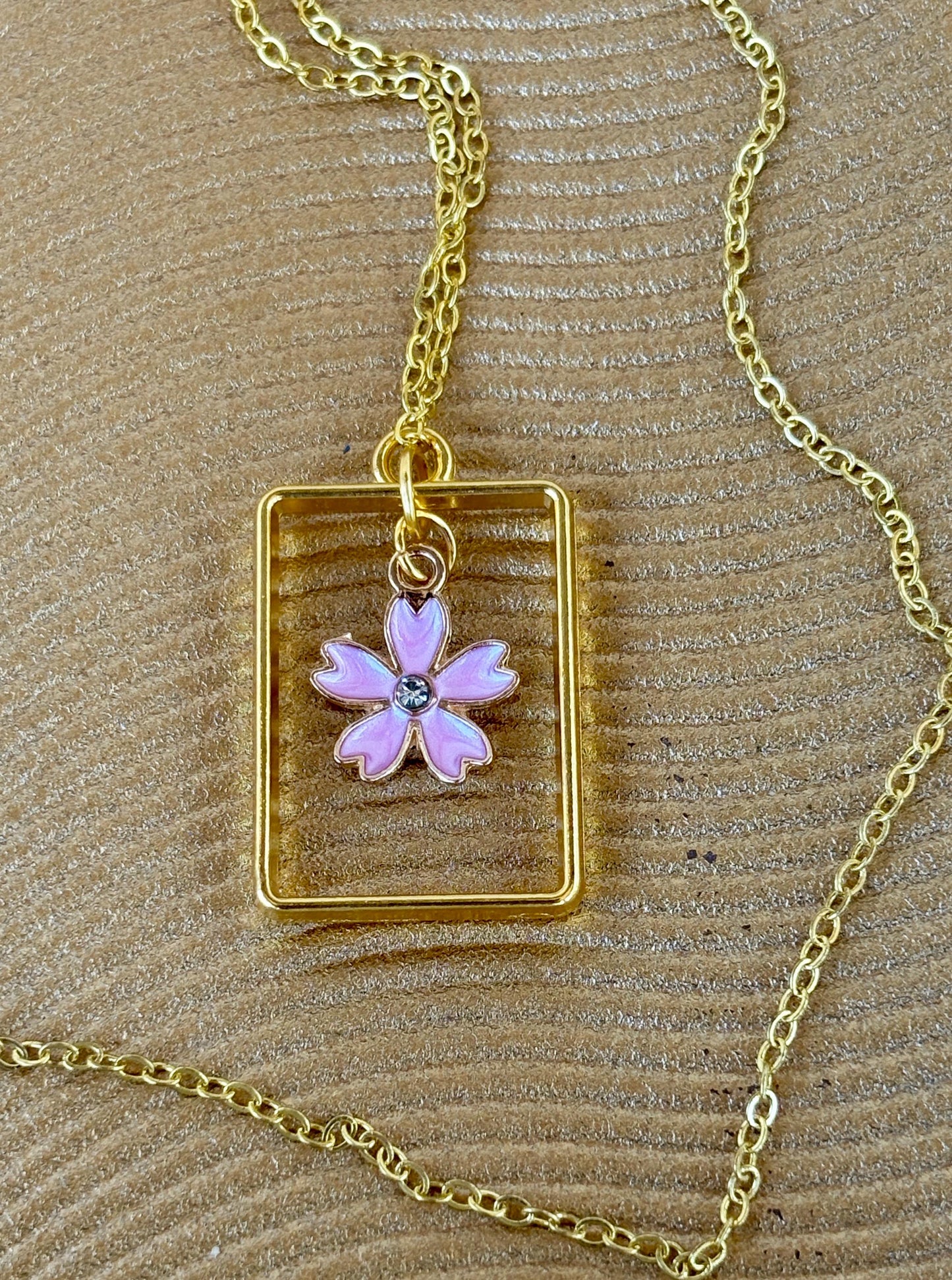 Gold Square Frame Pendant Necklace: Pink Flower Charm with Crystal Accent Necklaces Consecrated Jewelry Co.