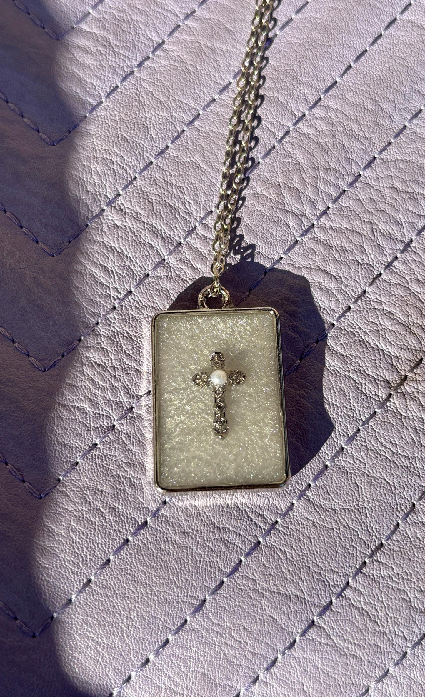 Iridescent Resin Cross Necklace: Sterling Silver, Pearl Gemstone - Handmade Christian Faith Jewelry Necklaces Consecrated Jewelry Co.